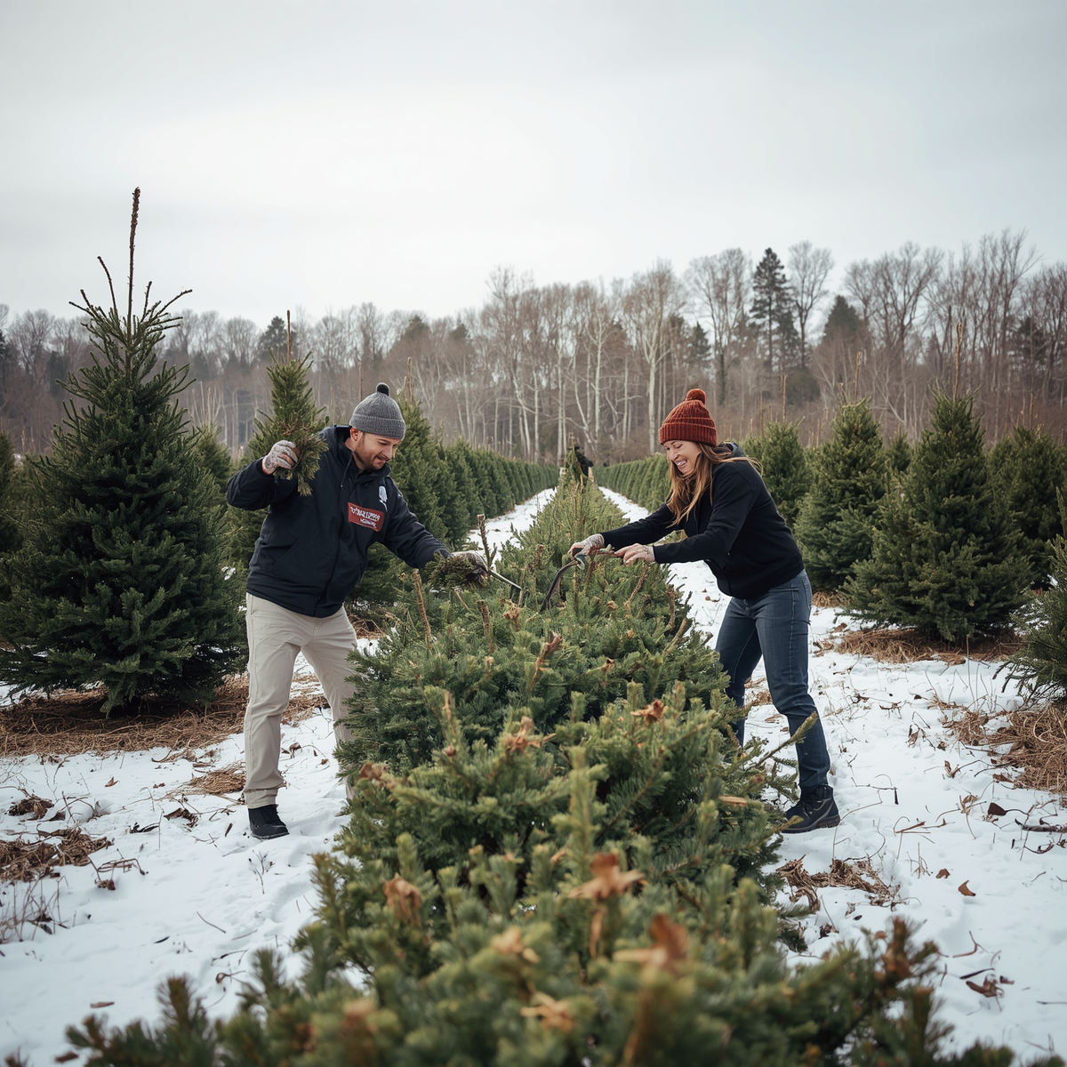 eople cuting there own tree at a tree fram